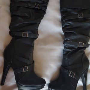 Black Faux Leather Platform High Heel Boot